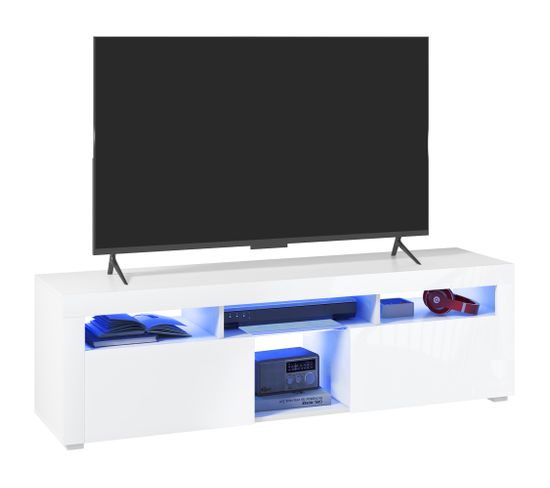 Meuble TV Design LED - 2 Portes, 4 Niches - Blanc Laqué