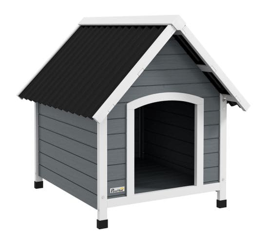 Niche Chien Design Chalet Sur Pied Plastique Noir Bois Blanc Gris