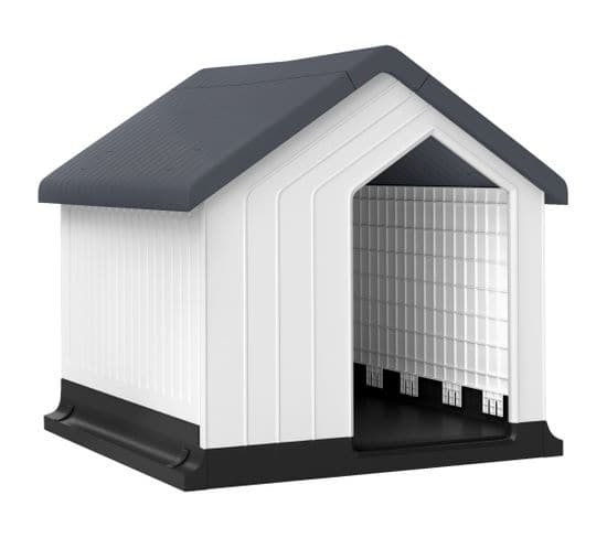 Niche Chien Extérieure - Grille Aération - Dim. 62l X 61l X 60h Cm - Blanc Gris Noir