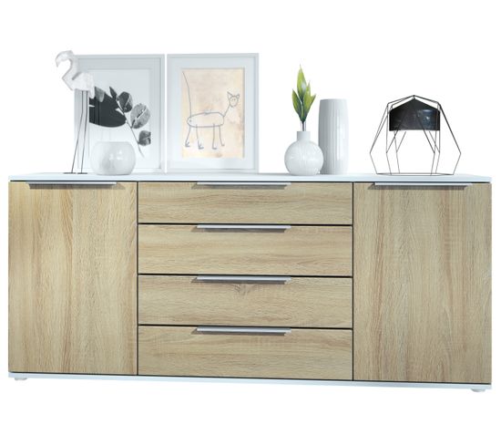 Buffet Blanc Et  Aspect Chêne Brut Hxp) : 166,5 X 72,5 X 35 Cm