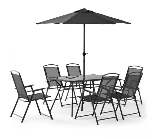 Salon De Jardin 6 Places ensemble table + 6 chaises + Parasol - Gris