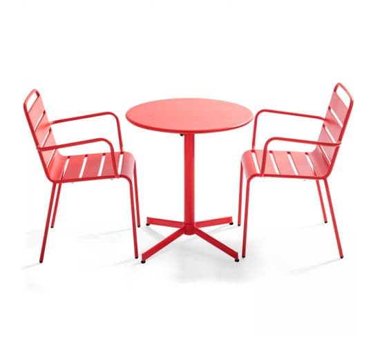 Palavas - Ensemble Table De Jardin Et 2 Fauteuils Métal Rouge