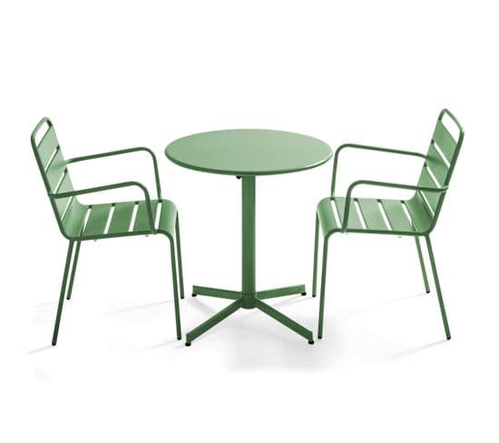 Palavas - Ensemble Table De Jardin Et 2 Fauteuils Métal Vert Cactus