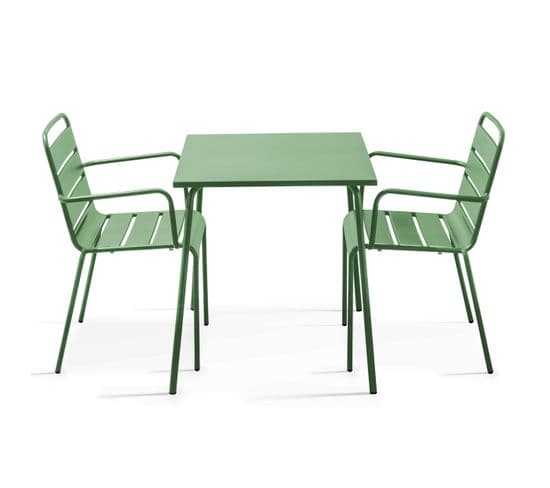 Palavas - Ensemble Table De Jardin Carrée Et 2 Fauteuils Acier Vert Cactus