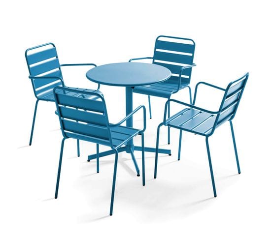 Palavas - Ensemble Table De Jardin Et 4 Fauteuils Métal Bleu Pacific