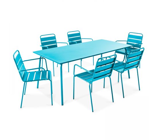 Palavas - Ensemble Table De Jardin Et 6 Fauteuils En Métal Bleu