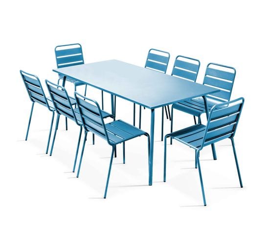 Palavas - Ensemble Table De Jardin Et 8 Chaises En Métal Bleu Pacific