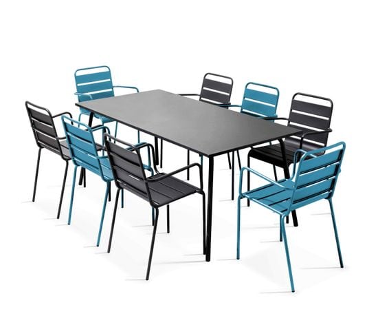 Palavas - Ensemble Table De Jardin Et 8 Fauteuils En Métal Bleu Pacific Et Gris