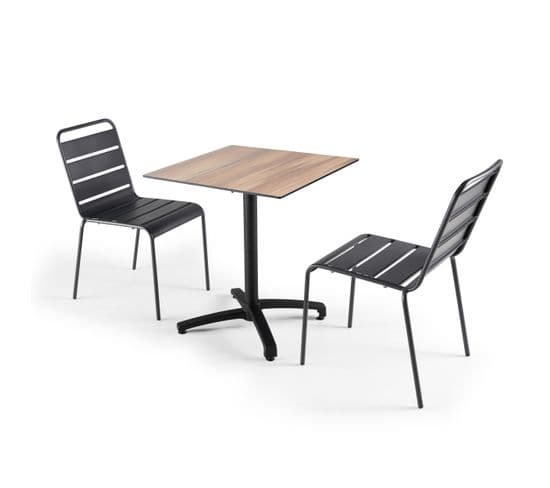 Ensemble Table Jardin Stratifié Chène Foncé Avec 2 Fauteuils Gris