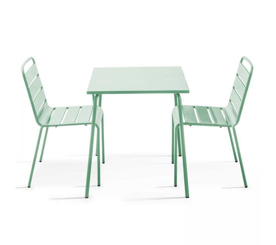 Palavas - Ensemble Table De Jardin Carrée Et 2 Chaises Acier Vert Sauge