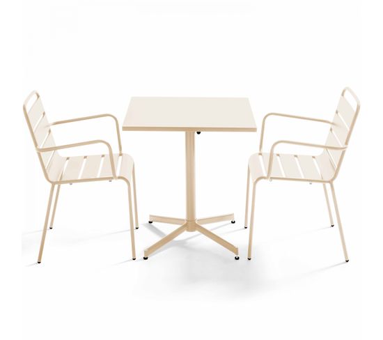 Palavas - Ensemble Table De Jardin Carrée Et 2 Fauteuils Métal Ivoire