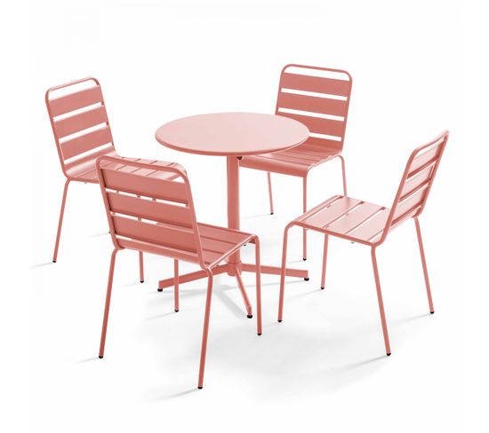 Palavas - Ensemble Table De Jardin Ronde Et 4 Chaises En Métal Argile