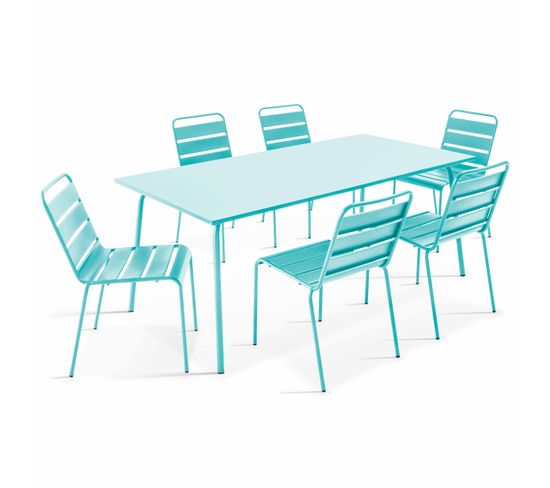 Palavas - Ensemble Table De Jardin Et 6 Chaises En Métal Turquoise