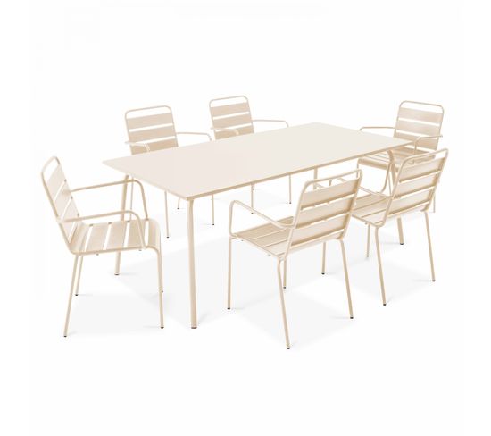 Palavas - Ensemble Table De Jardin Et 6 Fauteuils En Métal Ivoire