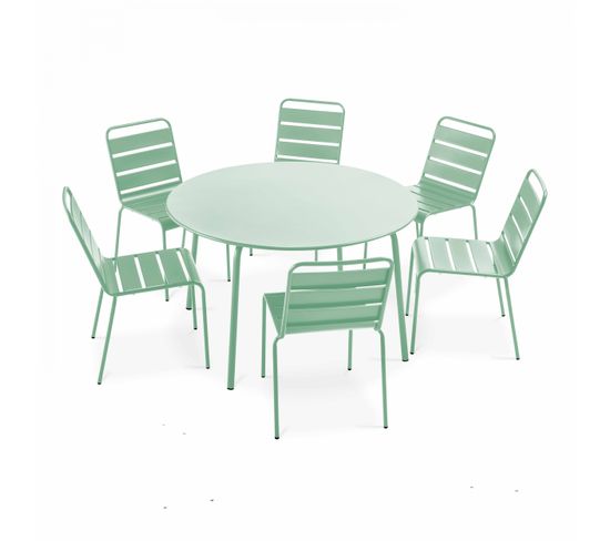 Palavas - Ensemble Table De Jardin Ronde Et 6 Chaises En Métal Vert Sauge