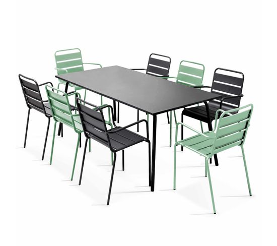 Palavas - Ensemble Table De Jardin Et 8 Fauteuils En Métal Vert Sauge Et Gris