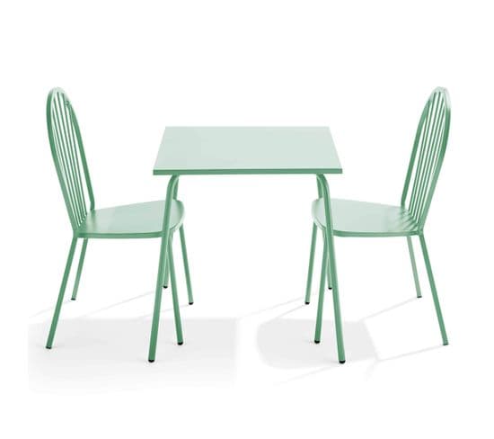 Palavas - Ensemble Table De Jardin Bistrot Et 2 Chaises En Acier Vert Sauge