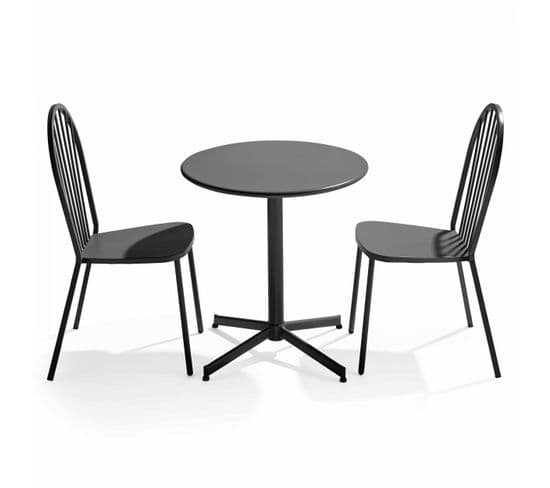 Palavas - Ensemble Table Ronde Et 2 Chaises De Jardin Bistrot En Métal Gris