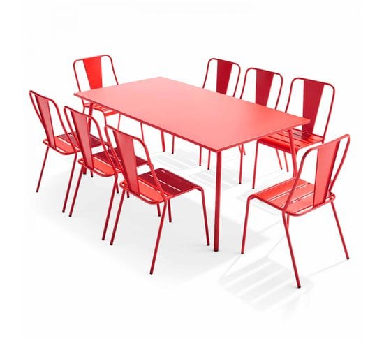 Palavas - Ensemble Table De Jardin Et 8 Chaises Bistrot En Acier Rouge