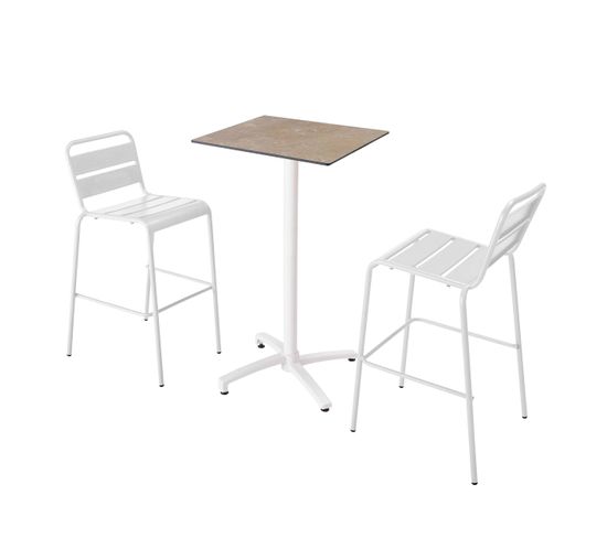 Ensemble Table Haute Stratifié Marbre Beige Et 2 Chaises Hautes Blanc