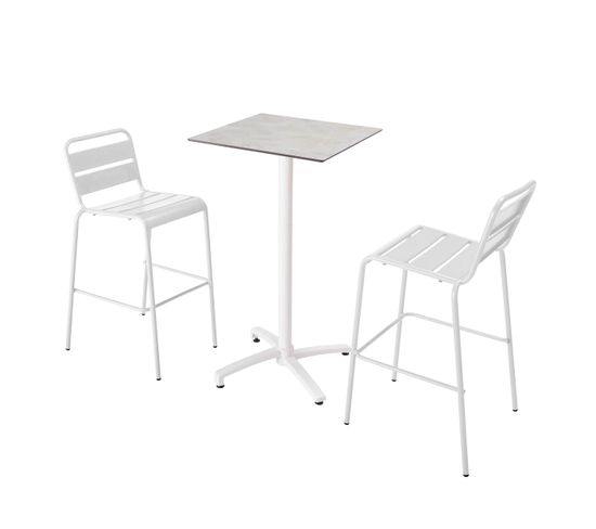 Ensemble Table Haute Stratifié Béton Gris Clair Et 2 Chaises Blanc