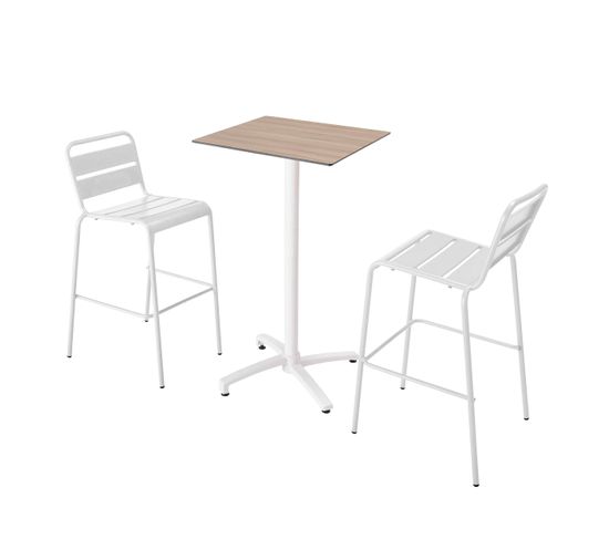 Ensemble Table Haute Stratifié Chêne Clair Et 2 Chaises Hautes Blanc