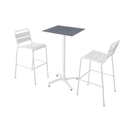 Ensemble Table Haute Stratifié Ardoise Gris Et 2 Chaises Hautes Blanc