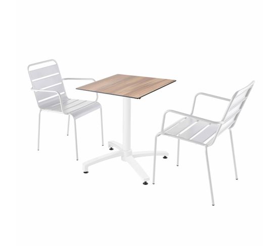 Ensemble Table De Terrasse  Stratifié Chêne Foncé Et 2 Fauteuils Blanc