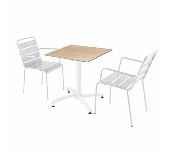 Ensemble Table De Terrasse Stratifié Chêne Avec 2 Fauteuils Blanc