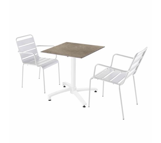 Ensemble Table De Terrasse Marbre Beige Et 2 Fauteuils Blanc