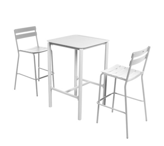Table Haute De Terrasse Avec 2 Chaises En Aluminium Blanc