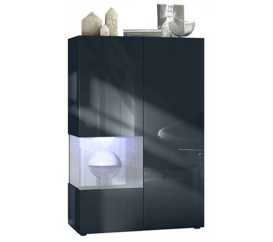 Vitrine Noir Mat Et Brillant Insertion Béton  (lxhxp) : 91,5 X 136,5 X 37 Cm + LED Blanc