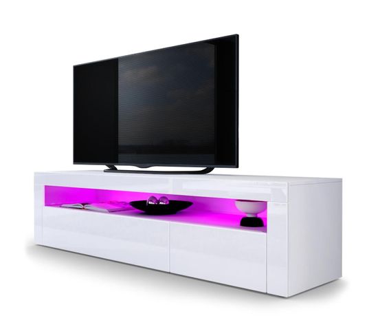 Meuble TV Blanc Mat Façade Laquée   LED 46 X 155 X 40 Cm