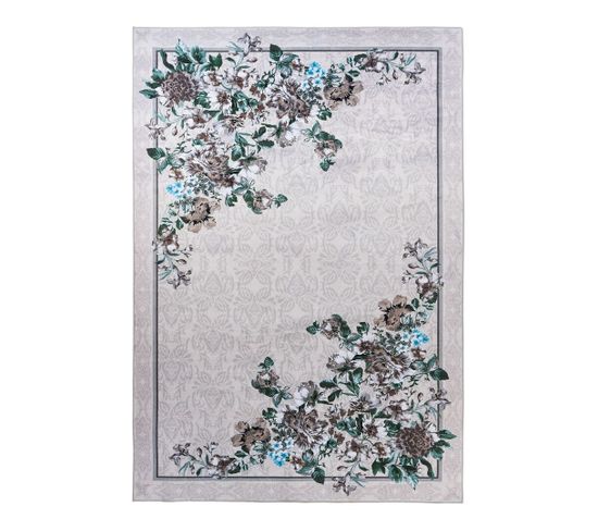 Tapis Floral Rectangle Design Lavable En Machine Bouquet Crème 80x150