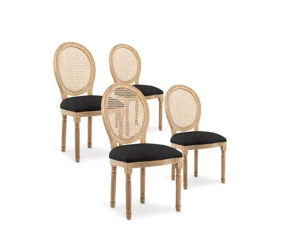 Lot De 4 Chaises Médaillon Louis Xvi Cannage Rotin Tissu Noir