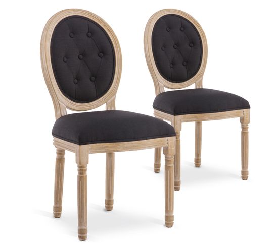 Lot De 2 Chaises Médaillon Capitonnées Louis Xvi Tissu Noir