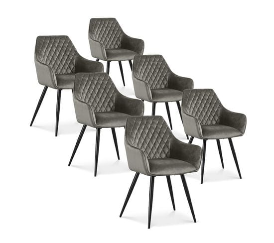 Lot De 6 Chaises Victoria En Velours Gris Pieds Noir