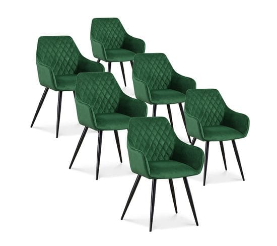 Lot De 6 Chaises Victoria En Velours Vert Pieds Noir