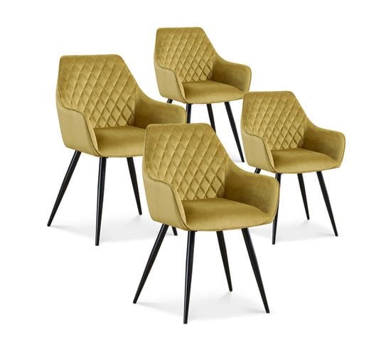 Lot De 4 Chaises Victoria En Velours Jaune Moutarde Pieds Noir