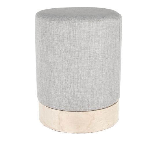 Pouf Tissu Gris Clair Et Base Aspect Bois - Tobias