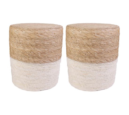 Lot De 2 Poufs Ronds Tressés Naturel Et Beige - Estany