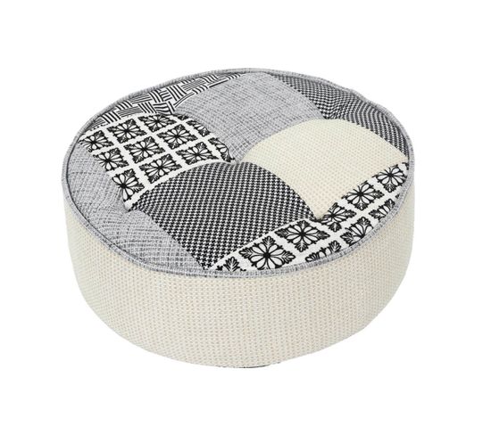 Pouf Rond Patchwork Motifs Grisés - Giada