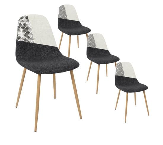 Lot De 4 Chaises Noires Blanches Et Motif Strié - Filla