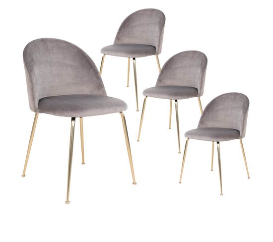 Lot De 4 Chaises Velours Gris Et Pieds Métal Doré - Meyrin