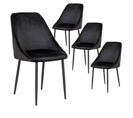 Lot De 4 Chaises Velours Noir Et Pieds Acier - Tinto