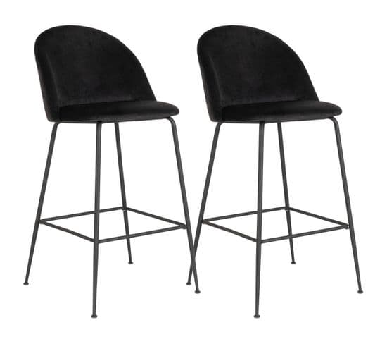 Lot De 2 Chaises Hautes Velours Noir Et Pieds Métal Noir - Meyrin