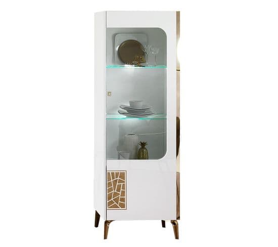 Vitrine 1 Porte Droite Laquée Blanc Et Or Décor Sérigraphié - Safary