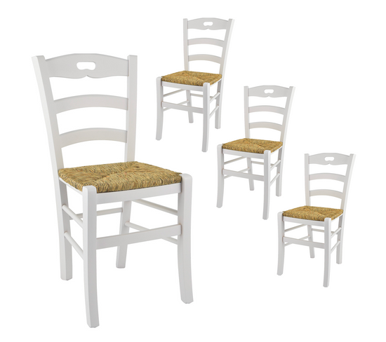 Lot De 4 Chaises Laquées Blanc Et Assises En Paille - Suzy