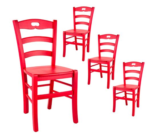 Lot De 4 Chaises Laquées Rouge Et Assises En Bois - Suzy