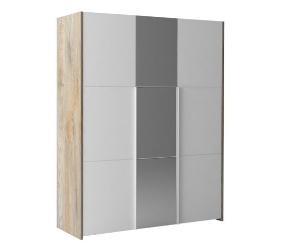 Armoire 3 Portes Effet Bois Clair Avec Miroir - Nino Light